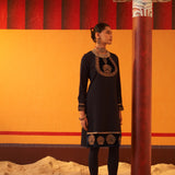 Dark Blue Women’s Woollen Kurti with Embroidered Yoke and Button Detailing on Cuffs