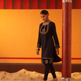 Dark Blue Women’s Woollen Kurti with Embroidered Yoke and Button Detailing on Cuffs