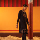 Dark Blue Women’s Woollen Kurti with Embroidered Yoke and Button Detailing on Cuffs