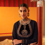 Dark Blue Women’s Woollen Kurti with Embroidered Yoke and Button Detailing on Cuffs