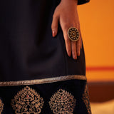 Dark Blue Women’s Woollen Kurti with Embroidered Yoke and Button Detailing on Cuffs