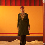 Seaweed Green Embroidered Woollen Kurti for Women with Mirror Work