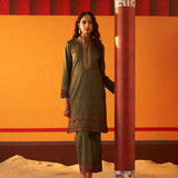 Fern Green Printed Woollen Kurta Set with Zari Work and Stone Work