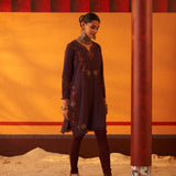 Dark Purple Woolen Kurta for Women with Thread Work and Lace Detailing 