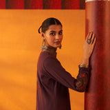 Dark Purple Woolen Kurta for Women with Thread Work and Lace Detailing 