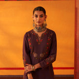 Dark Purple Woolen Kurta for Women with Thread Work and Lace Detailing 