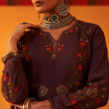 Dark Purple Woolen Kurta for Women with Thread Work and Lace Detailing 