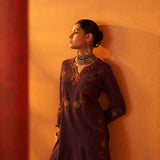 Dark Purple Woolen Kurta for Women with Thread Work and Lace Detailing 