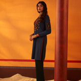 Navy Blue Woollen Kurti for Women with Thread Work and Sequins