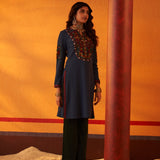 Navy Blue Woollen Kurti for Women with Thread Work and Sequins