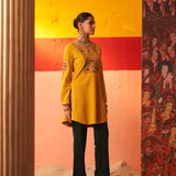 Mustard Embroidered Woollen Kurti for Women with Mirror Work