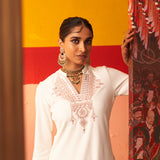 White Embroidered Woollen Kurti for Women with Mirror Work