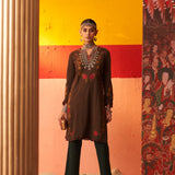 Brown Woolen Kurta for Women with Thread Work and Lace Detailing