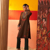 Brown Woolen Kurta for Women with Thread Work and Lace Detailing