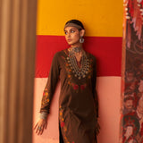 Brown Woolen Kurta for Women with Thread Work and Lace Detailing