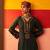 Green Women’s Woollen Kurti with Inserts and Zari Work