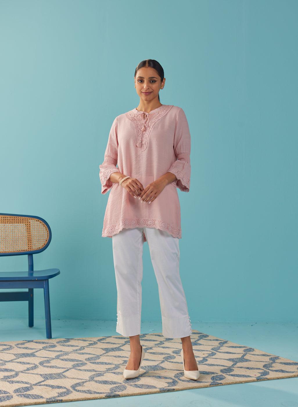 Pink Solid Tunic with Keyhole Neck and Bell Sleeves - Lakshita