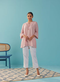 Pink Solid Tunic with Keyhole Neck and Bell Sleeves - Lakshita