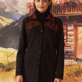 Raya Brown Embroidered Suede Shacket for Women