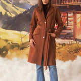 Sara Tan Monochrome Suede Long Coat for Women