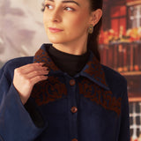 Raya Navy Embroidered Suede Shacket for Women