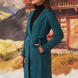 Green long button up suede coat for women with lapel collar and belt