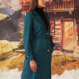 Green long button up suede coat for women with lapel collar and belt