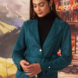 Green long button up suede coat for women with lapel collar and belt