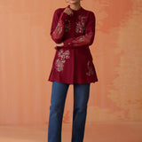 Kashni Maroon Embroidered Cotton Viscose Shirt for Women