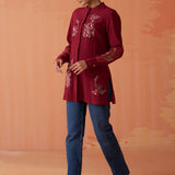 Kashni Maroon Embroidered Cotton Viscose Shirt for Women