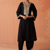 Surveen Black Embroidered Rayon Long Kurta Set for Women