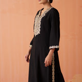 Surveen Black Embroidered Rayon Long Kurta Set for Women