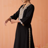 Surveen Black Embroidered Rayon Long Kurta Set for Women