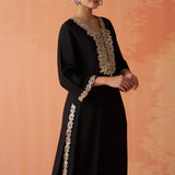 Surveen Black Embroidered Rayon Long Kurta Set for Women