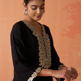 Surveen Black Embroidered Rayon Long Kurta Set for Women