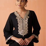 Surveen Black Embroidered Rayon Long Kurta Set for Women