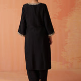 Surveen Black Embroidered Rayon Long Kurta Set for Women