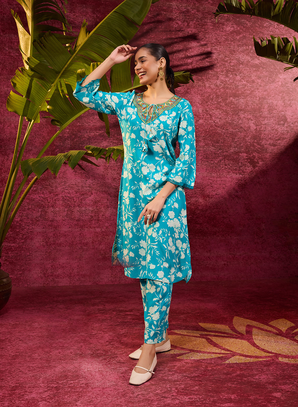 Aina Blue Printed Rayon Kurta Set for Women