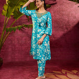 Aina Blue Printed Rayon Kurta Set for Women