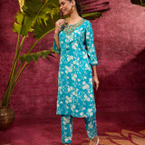 Blue rayon kurta set for women with intricate aari embroidery