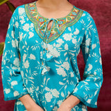 Blue rayon kurta set for women with thread embroidery on the neck