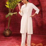 Mehwish Ivory Embroidered Cotton Linen Designer Kurta Set