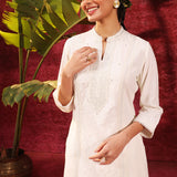 Mehwish Ivory Embroidered Cotton Linen Designer Kurta Set