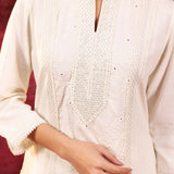 Mehwish Ivory Embroidered Cotton Linen Designer Kurta Set