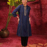 Mehwish Navy Blue Embroidered Cotton Linen Designer Kurta