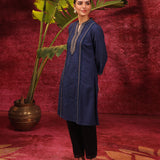 Mehwish Navy Blue Embroidered Cotton Linen Designer Kurta