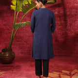 Mehwish Navy Blue Embroidered Cotton Linen Designer Kurta