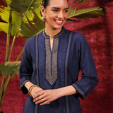 Mehwish Navy Blue Embroidered Cotton Linen Designer Kurta