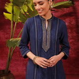 Mehwish Navy Blue Embroidered Cotton Linen Designer Kurta