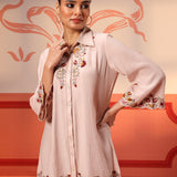 Malika Salmon Pink Embroidered Crinkled Crepe Long Shirt for Women